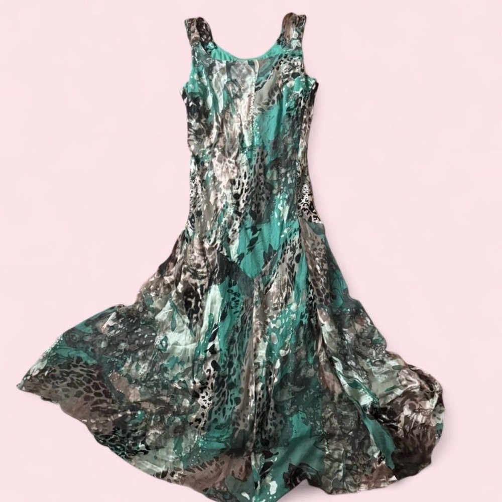 Teal Y2K Fairycore Sleeveless Teal and Gray Printed Maxi Dress